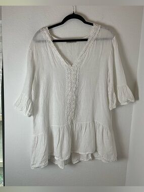Francesca Bettini Linen Boho V-Neck Crochet-Trim White Tunic peplum Top size M